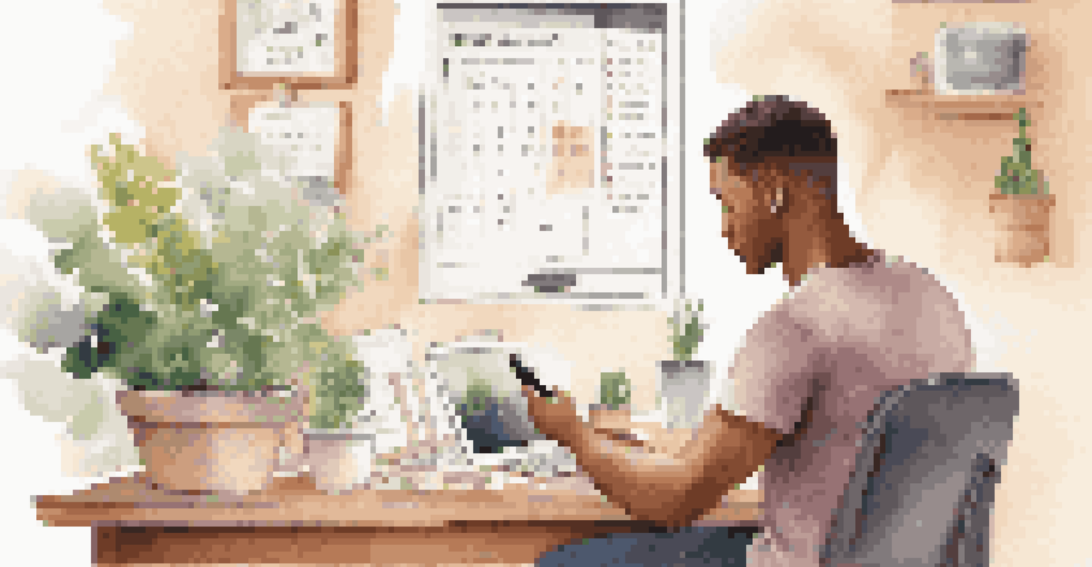 An engaged individual at a desk using a habit tracking app on a smartphone, surrounded by motivational decor and soft lighting.