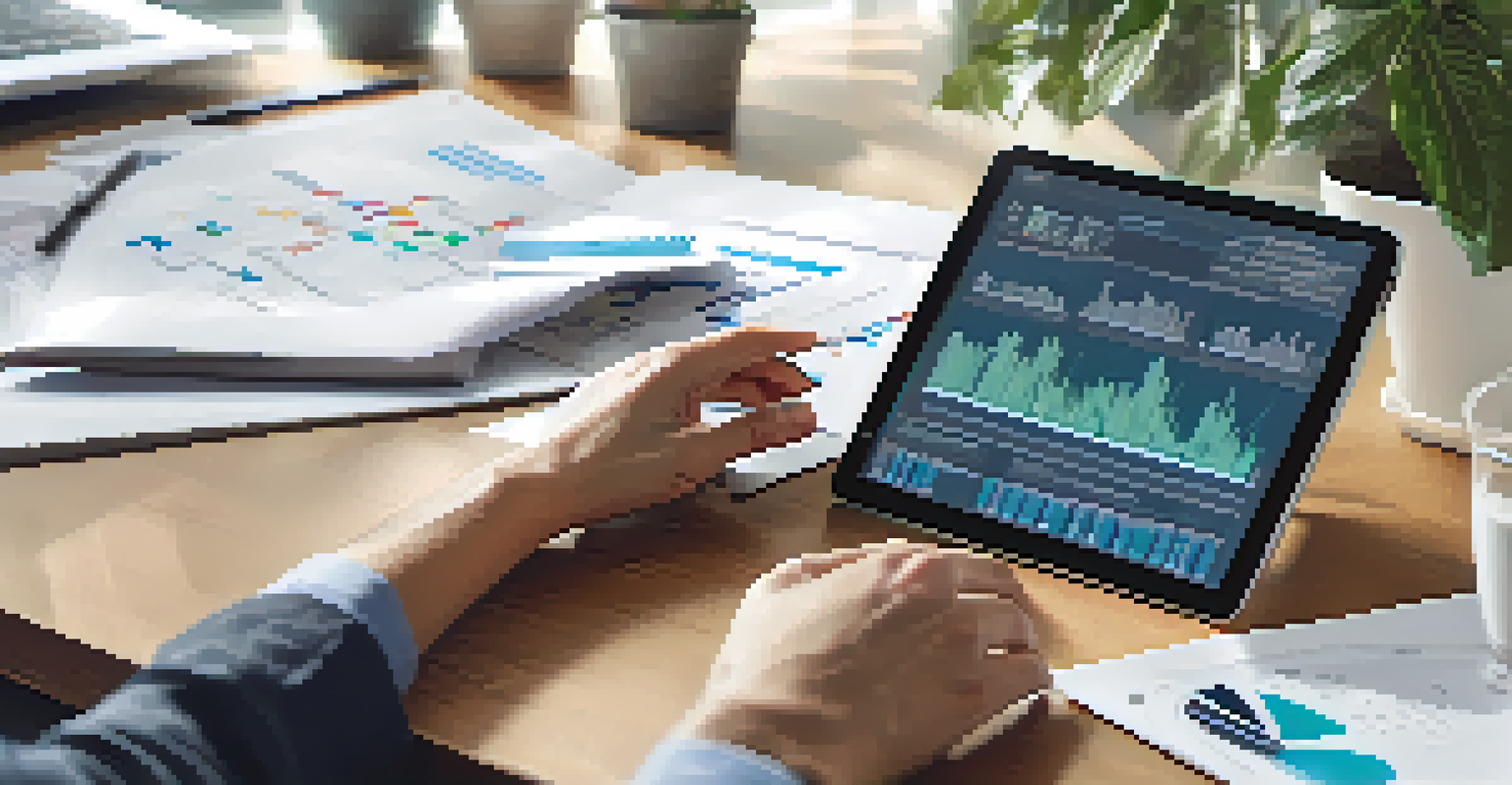 A close-up of a hand using a digital tablet in a modern office setting.