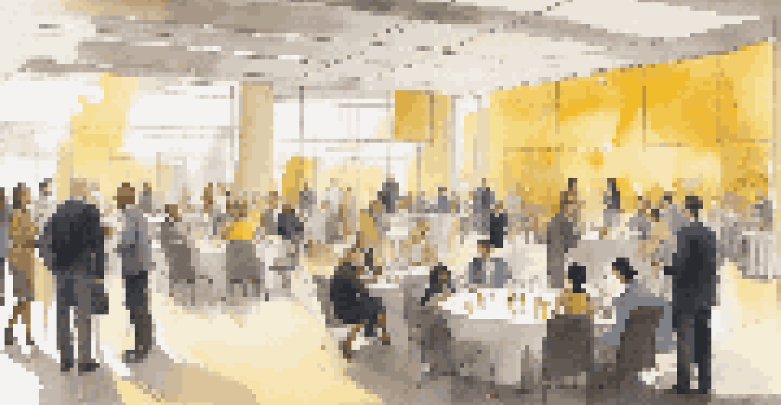 A networking event with people interacting in a modern conference hall.