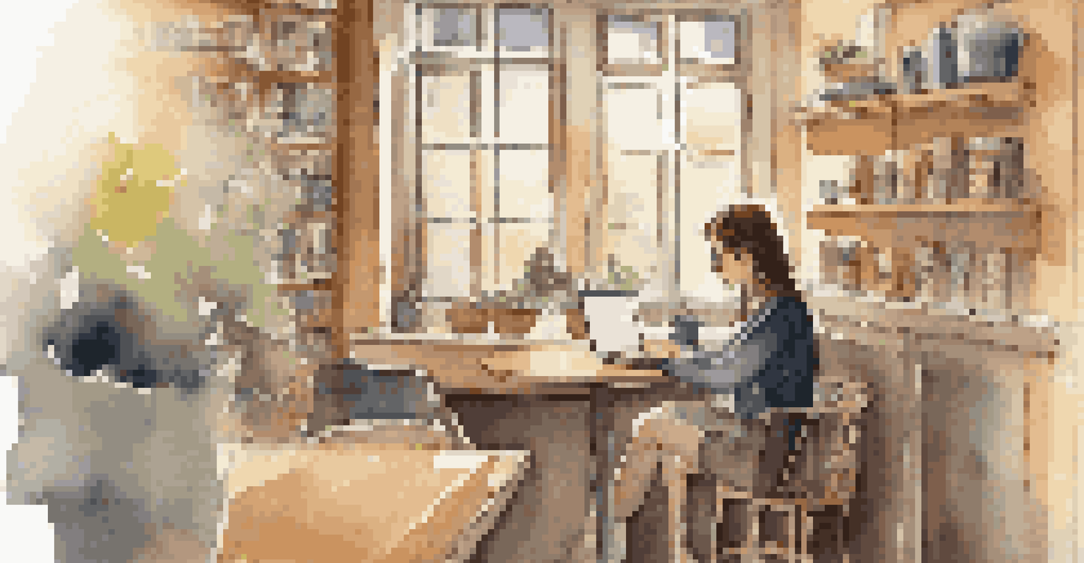 A person studying on a laptop at a cafe, surrounded by books and warm lighting, reflecting a blend of work and relaxation.