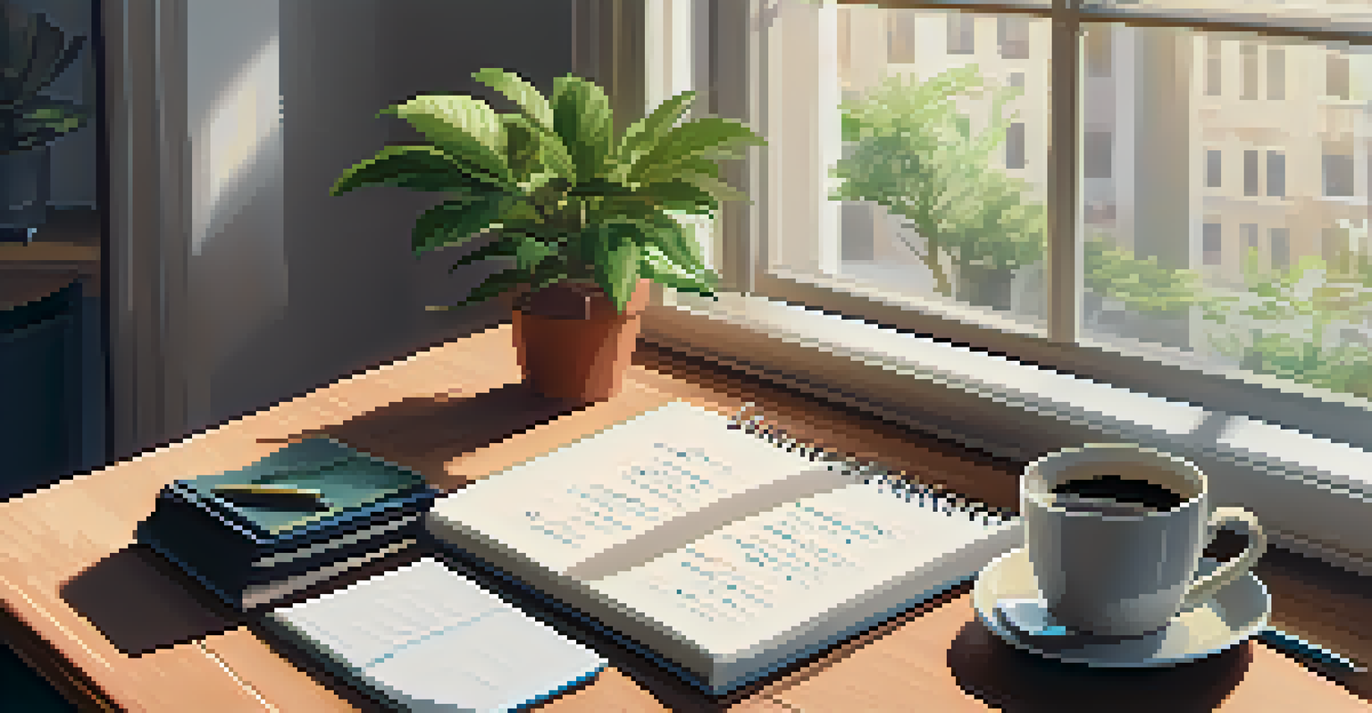 A workspace with a laptop, notepad, coffee, and a plant, illuminated by natural light.