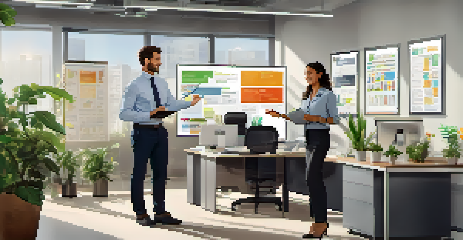 A manager guiding a junior team member with a tablet in a colorful office filled with motivational posters.