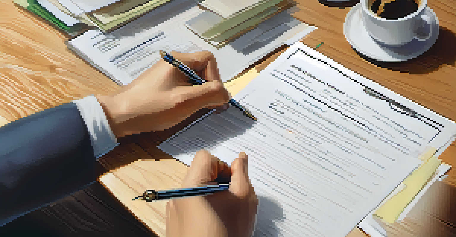 A close-up view of hands writing on a job application with a resume and cover letter beside a cup of coffee on a wooden table.
