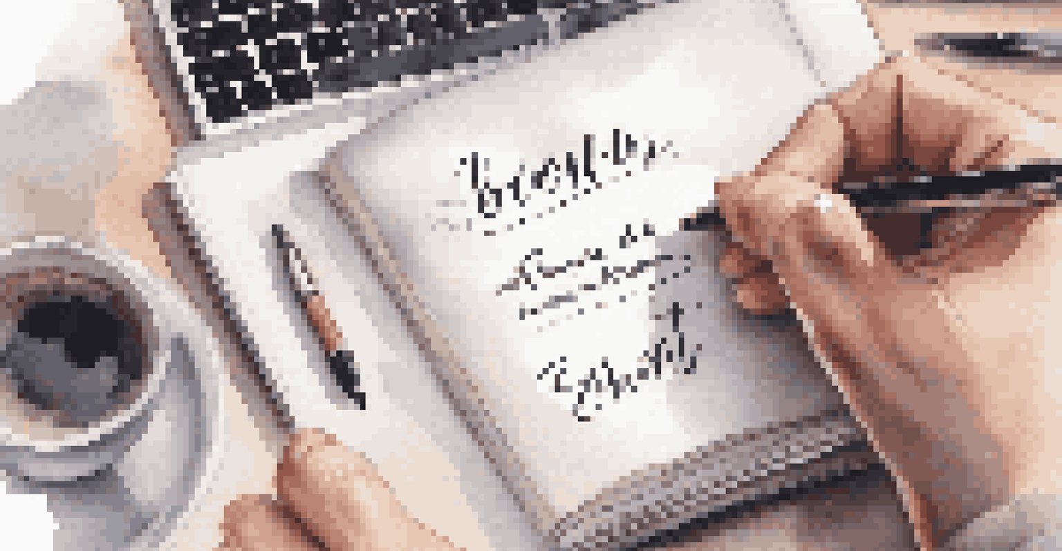 A close-up of a hand writing in a notebook, with a coffee cup and laptop blurred in the background, focusing on the personal brand statement.