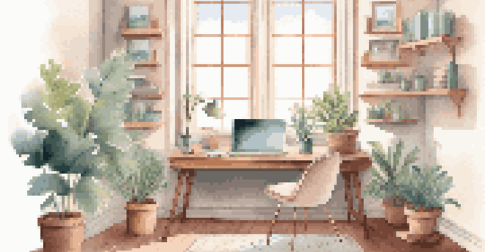 A cozy and inviting home office with a wooden desk, laptop, potted plant, and soft morning light.