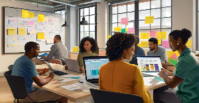 A diverse group of people actively participating in a workshop, with one person demonstrating coding on a laptop, surrounded by colorful post-it notes.