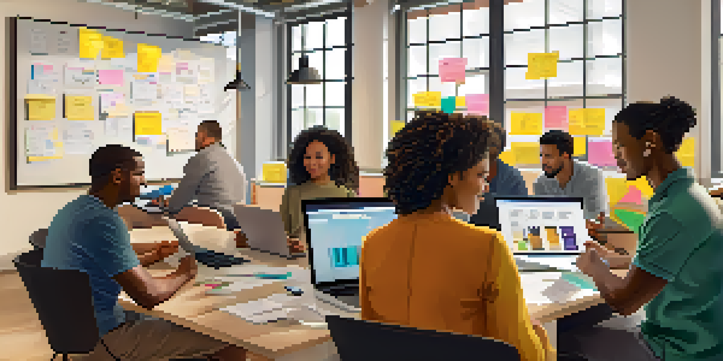 A diverse group of people actively participating in a workshop, with one person demonstrating coding on a laptop, surrounded by colorful post-it notes.