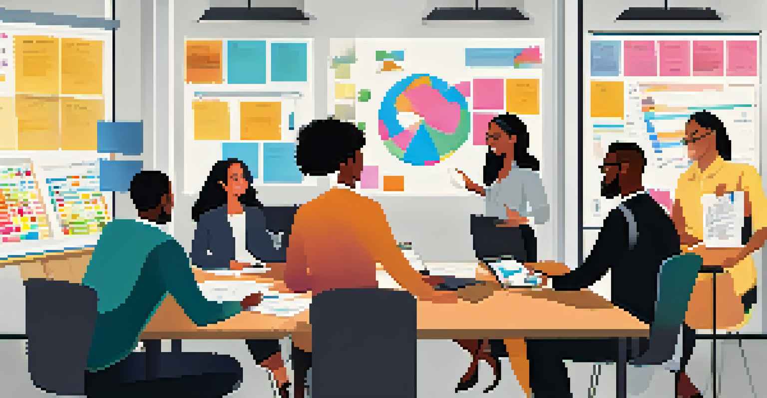 A group of diverse employees collaborating in a bright meeting room filled with sticky notes and laptops.