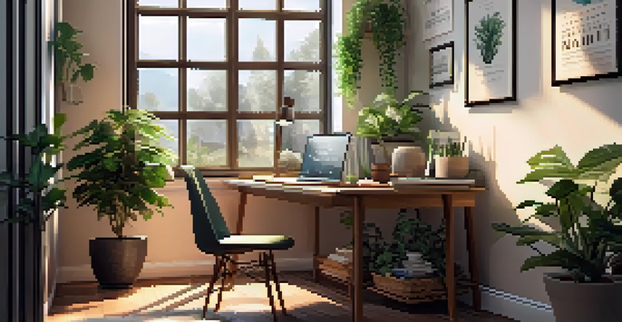 A warm and inviting home office setup with a desk, laptop, plants, and a motivational poster, bathed in soft natural light.