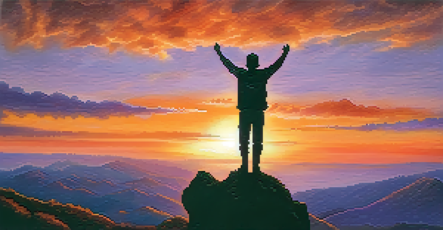 A person celebrating at a mountain peak during sunset, with arms raised against a colorful sky, symbolizing achievement and personal growth.