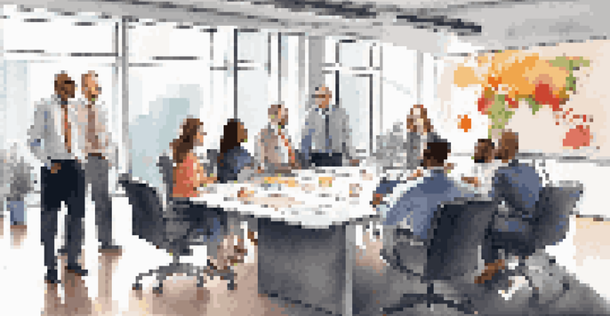 A diverse group of professionals participating in a team meeting in a bright, modern office, with a whiteboard and diagrams in the background.