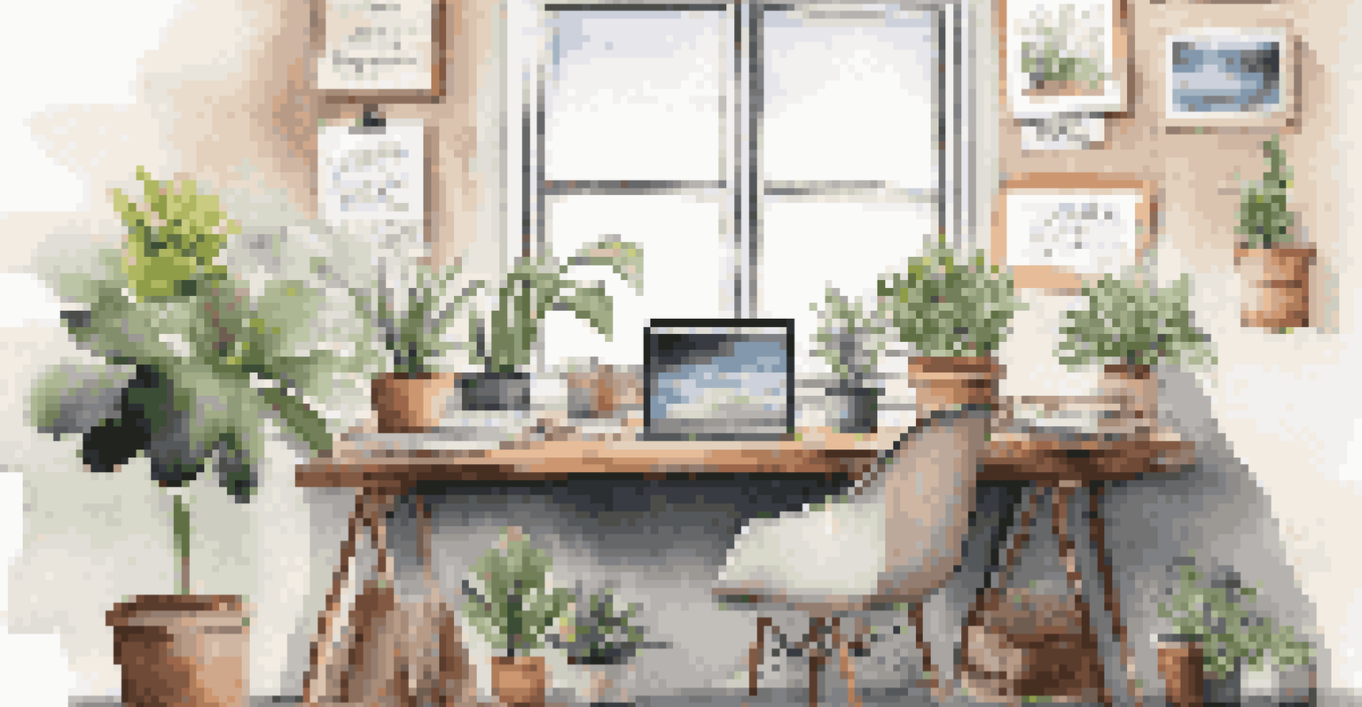 A bright workspace with a wooden desk, laptop, and motivational quotes on the wall.