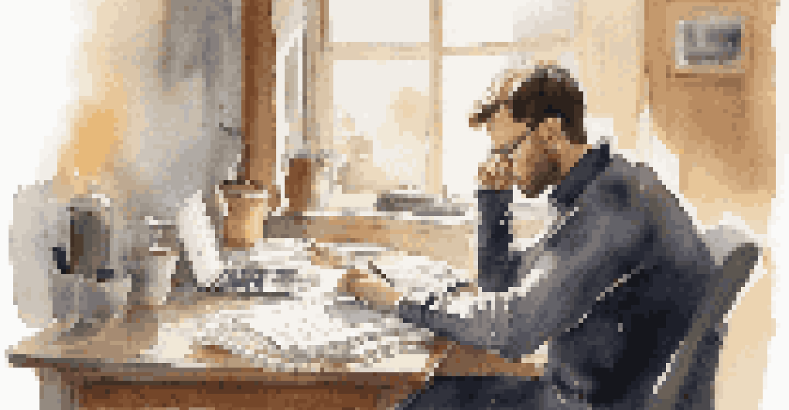 An individual at a desk writing in a notebook, surrounded by documents and a laptop, with a warm and cozy lighting.