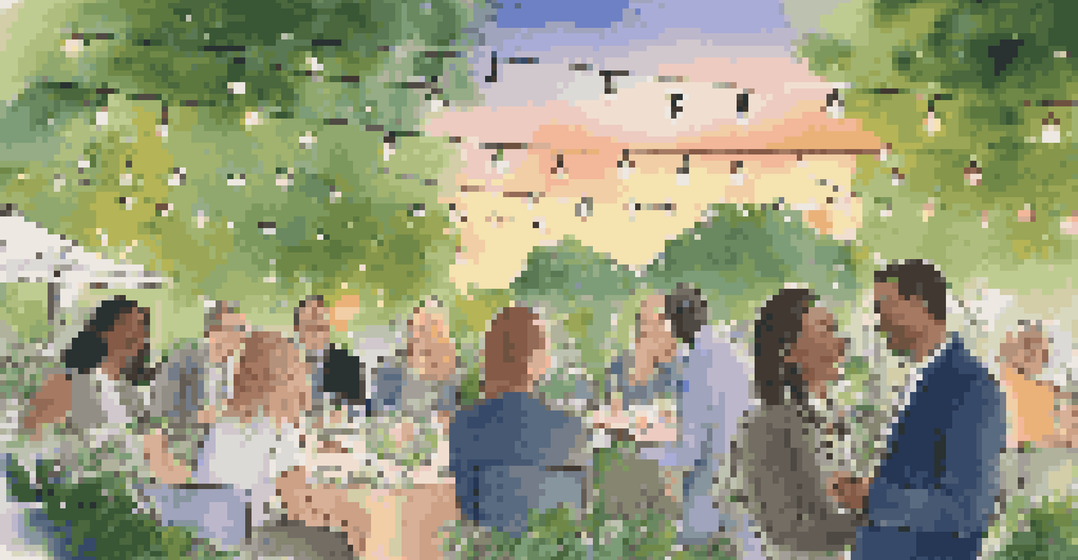 Professionals networking in a garden during sunset, engaged in conversations under fairy lights.