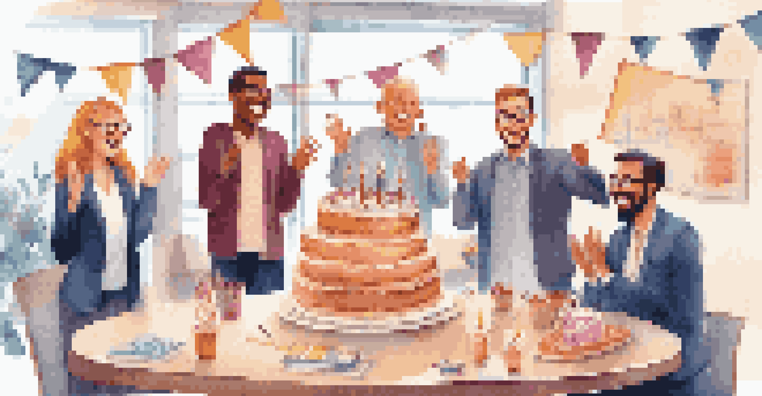 A team celebrating a project milestone with a cake and a 'Congratulations!' banner, smiling and clapping in a joyful office environment.