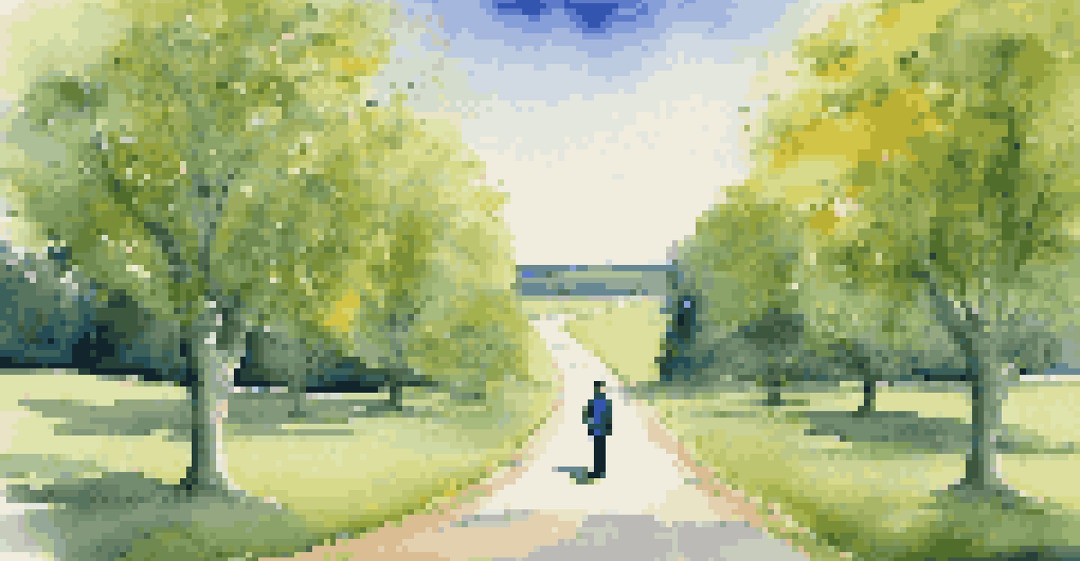 A person standing at a crossroads with two paths labeled 'Career Growth' and 'Stability', surrounded by a vibrant nature scene.
