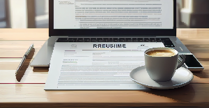 A close-up of a professional resume on a wooden desk, with a laptop and coffee cup, illuminated by natural light.