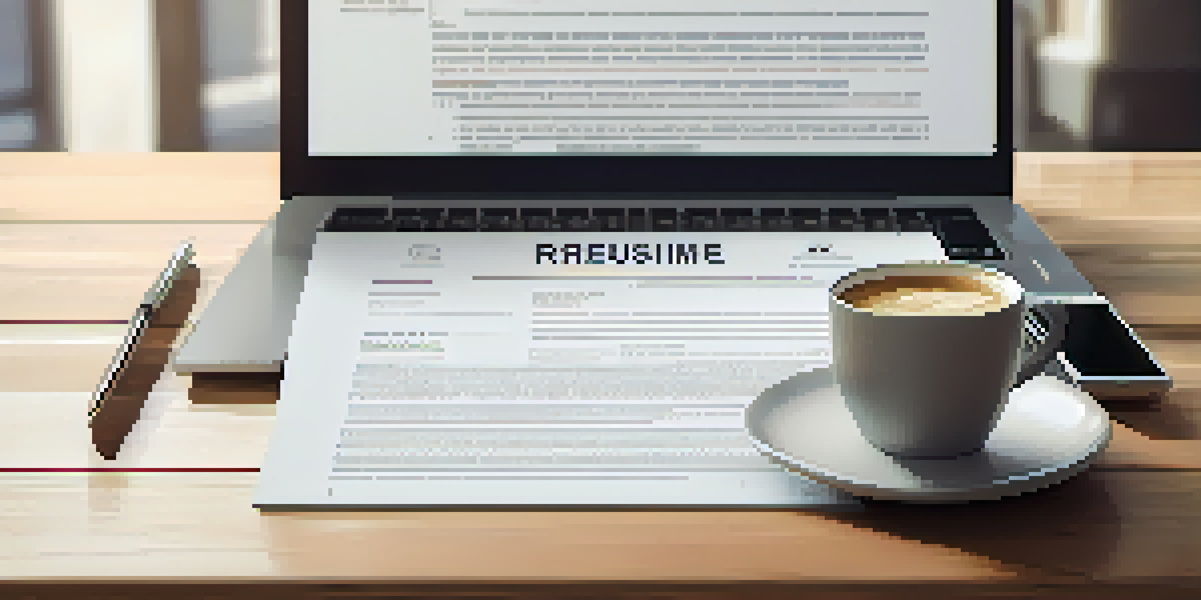 A close-up of a professional resume on a wooden desk, with a laptop and coffee cup, illuminated by natural light.