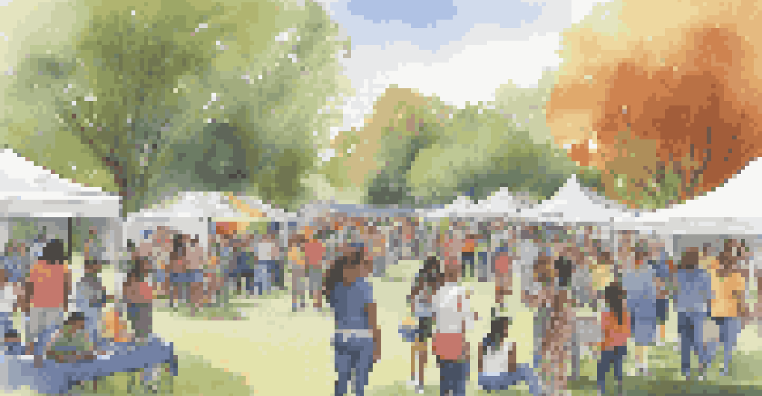 A lively community event with booths for educational programs, families enjoying activities, and banners promoting inclusivity in a park setting.