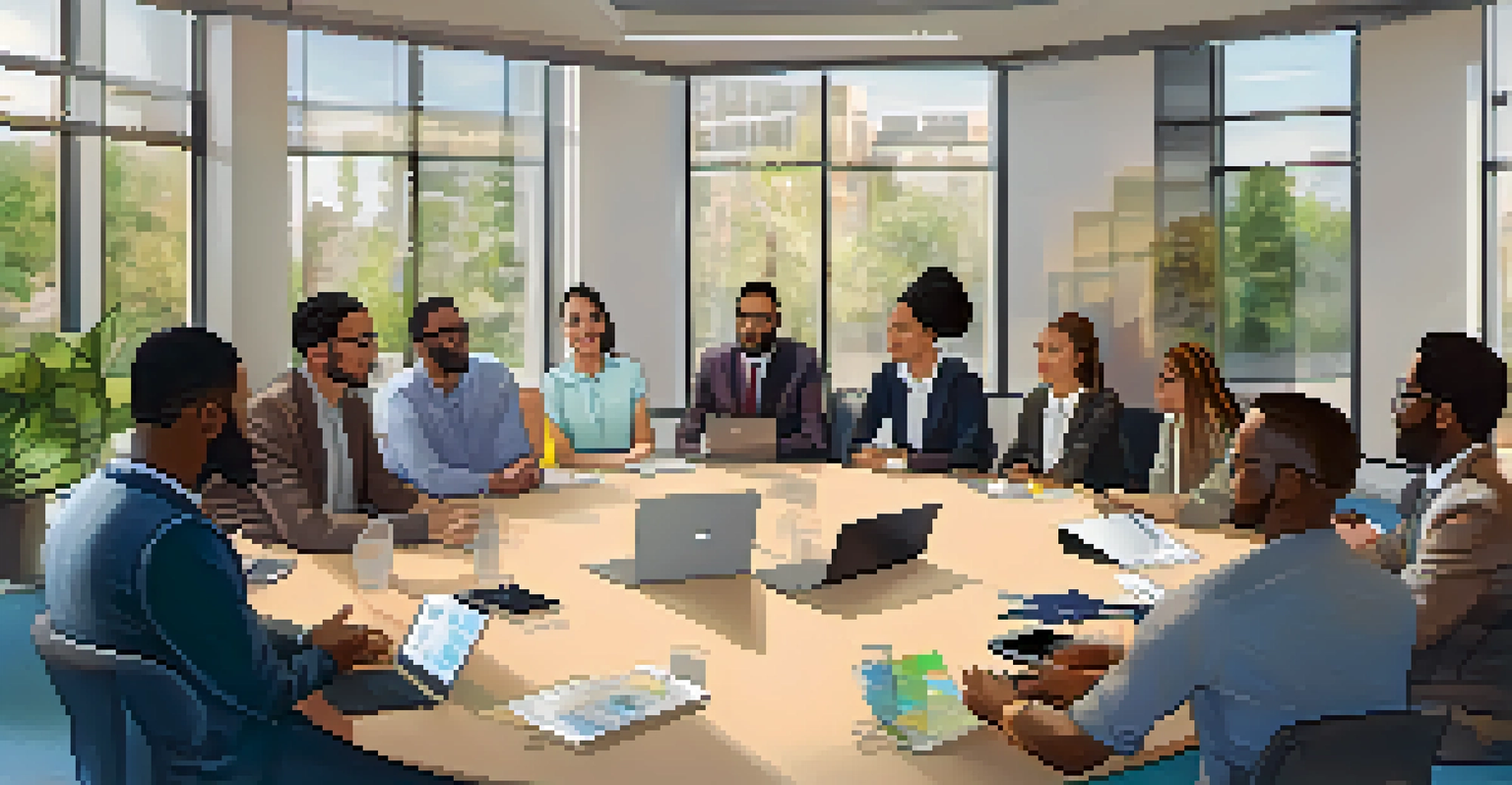A diverse group of professionals engaging in a mentorship program in a modern conference room.