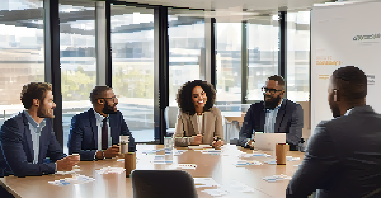 A group of diverse professionals networking in a conference room with a 'Career Development' banner.