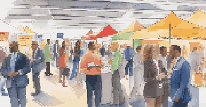 A lively job fair with diverse job seekers and employers, colorful booths, and natural lighting.