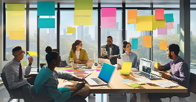 A diverse group of employees collaborating in a bright office during a brainstorming session.