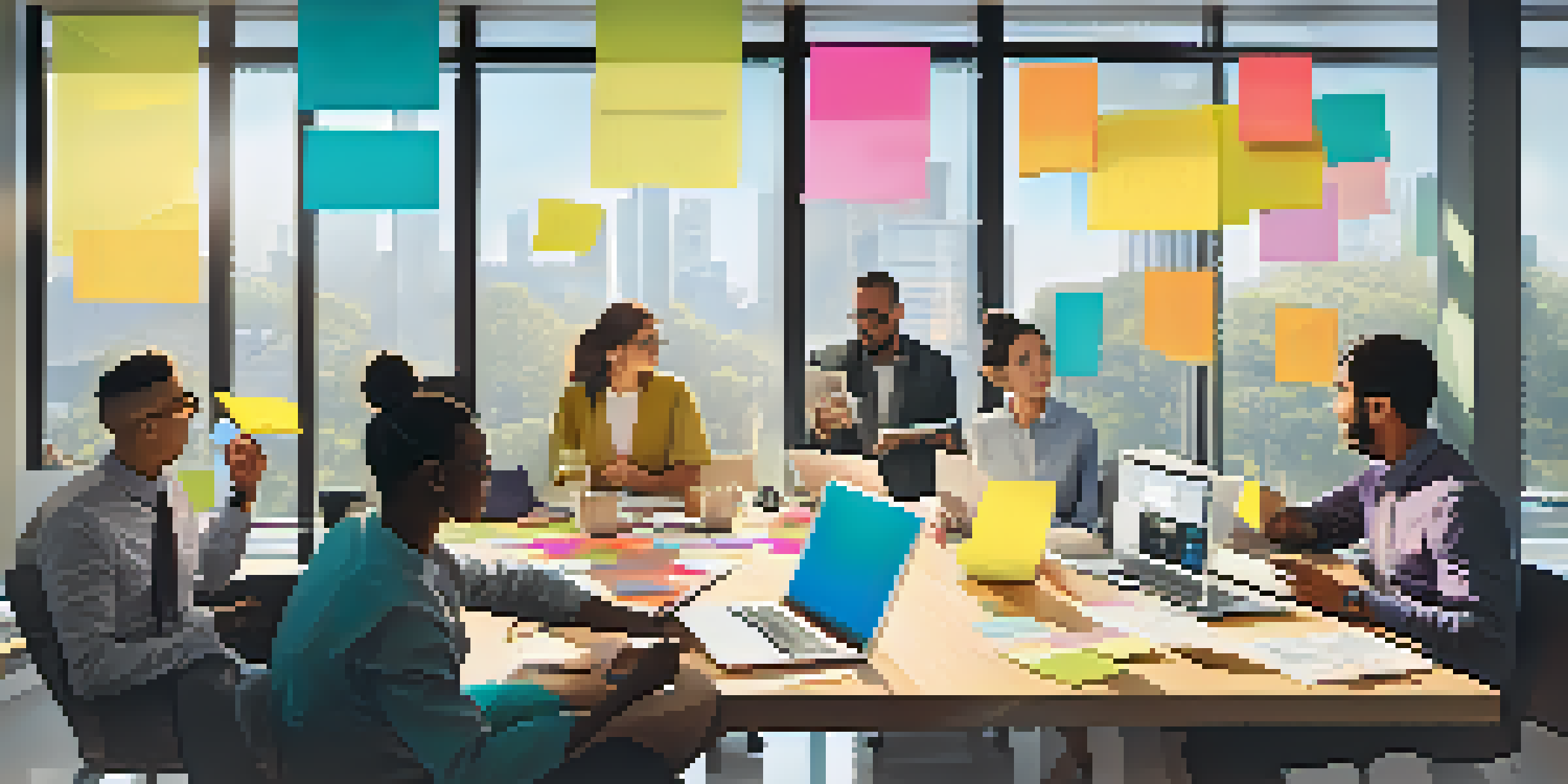 A diverse group of employees collaborating in a bright office during a brainstorming session.
