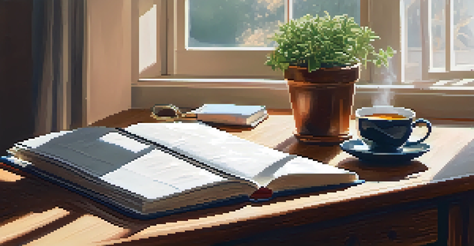 A calming workspace with a wooden desk, planner, cup of tea, and a potted plant illuminated by soft morning light.