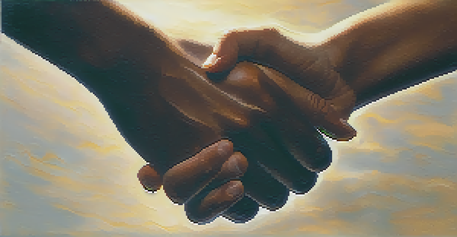 A close-up of two hands reaching out in a gesture of support and empathy, illuminated by warm light.