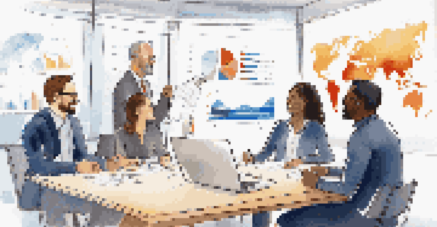 A group of diverse employees in a meeting room collaborating over ideas, with smiles and engaged expressions.