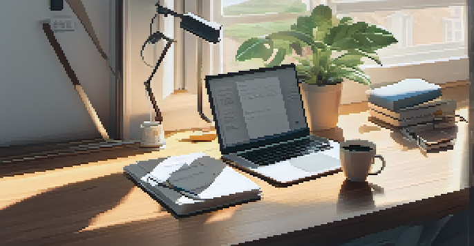 A tidy desk featuring a laptop displaying a resume, stationery, a coffee cup, and a potted plant, illuminated by soft morning light.