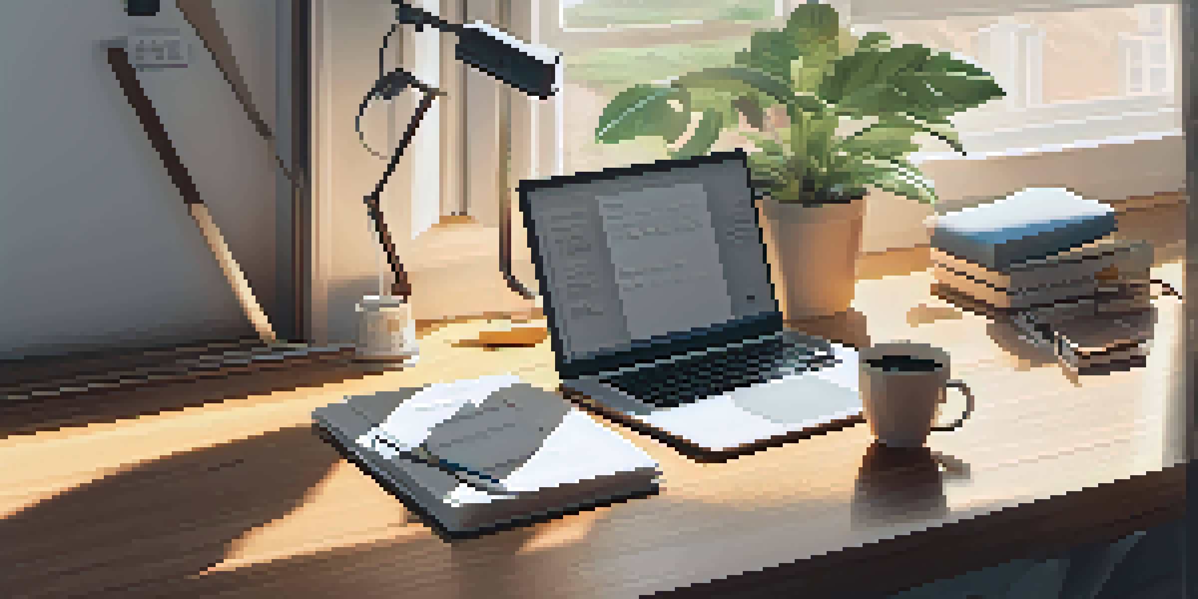 A tidy desk featuring a laptop displaying a resume, stationery, a coffee cup, and a potted plant, illuminated by soft morning light.