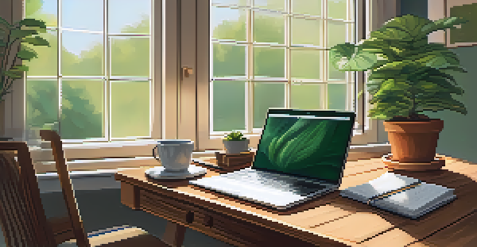 A cozy study area with a desk, laptop, books, coffee, and a plant, illuminated by natural light.