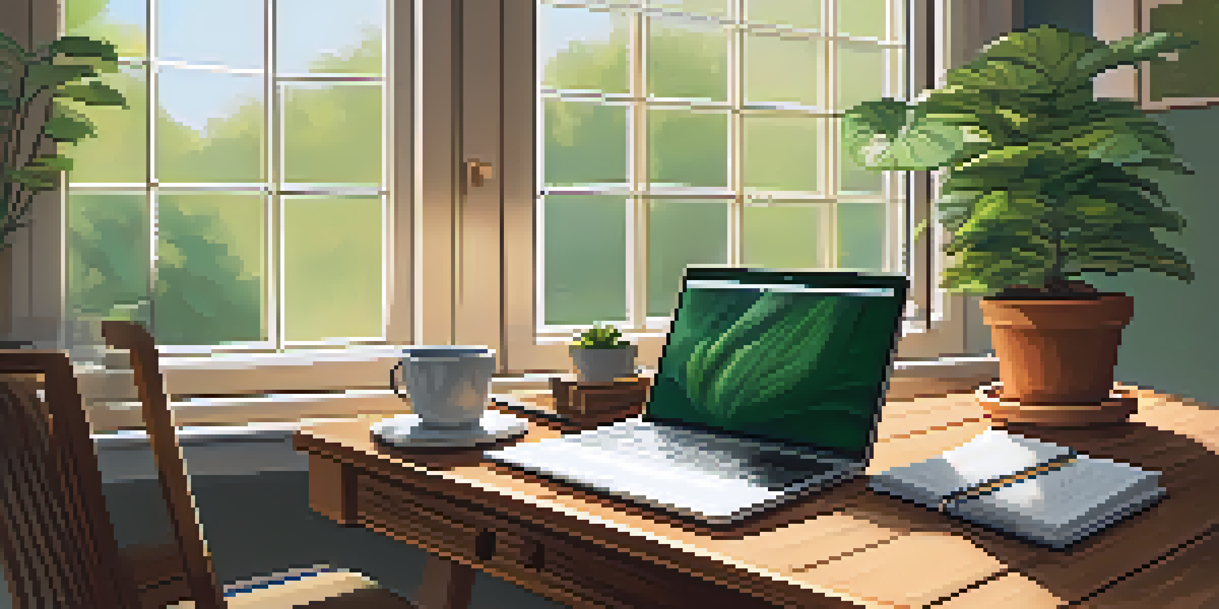 A cozy study area with a desk, laptop, books, coffee, and a plant, illuminated by natural light.