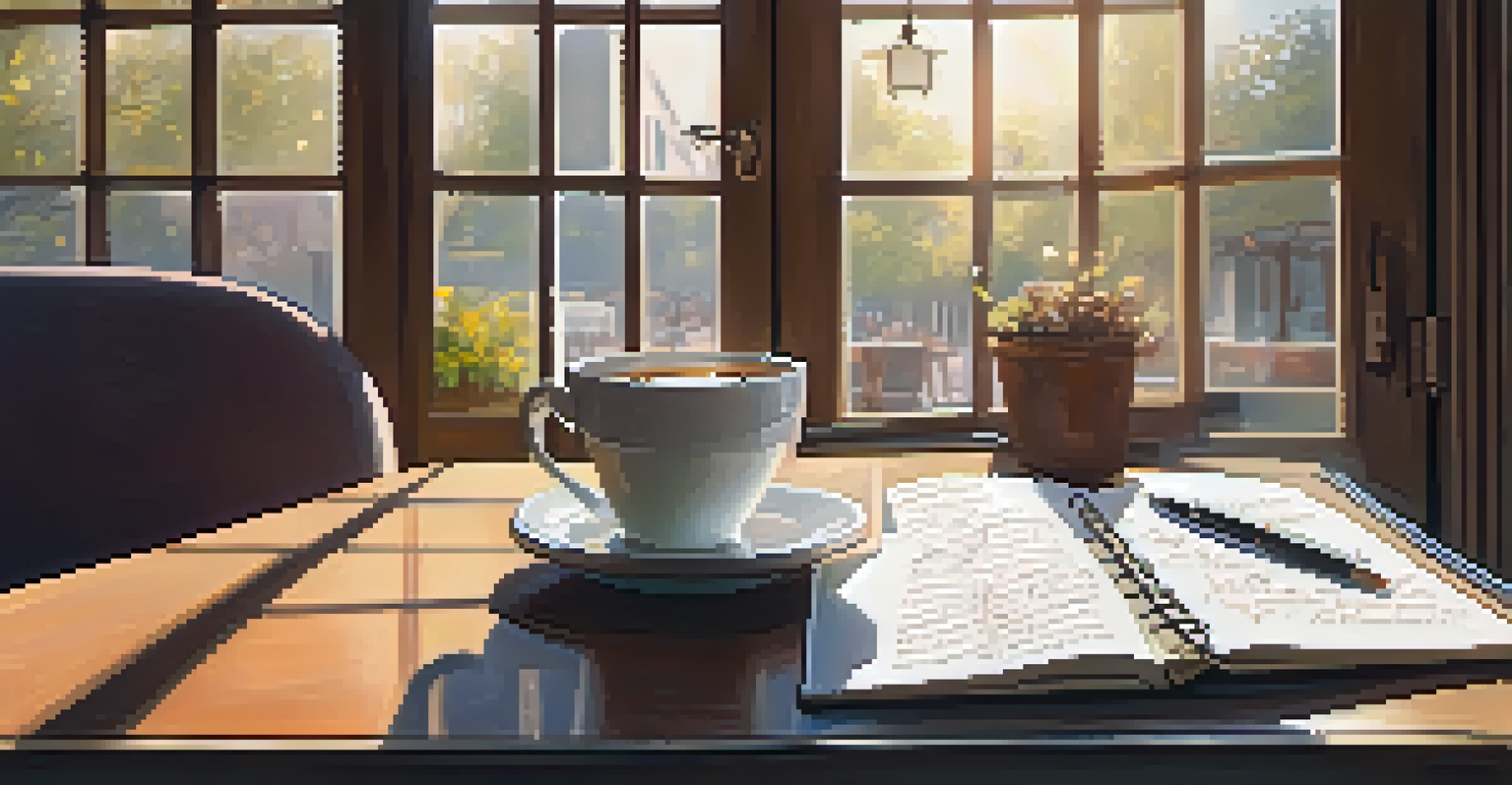 A person journaling at a café table with a cup of tea and an open notebook, illuminated by soft sunlight.