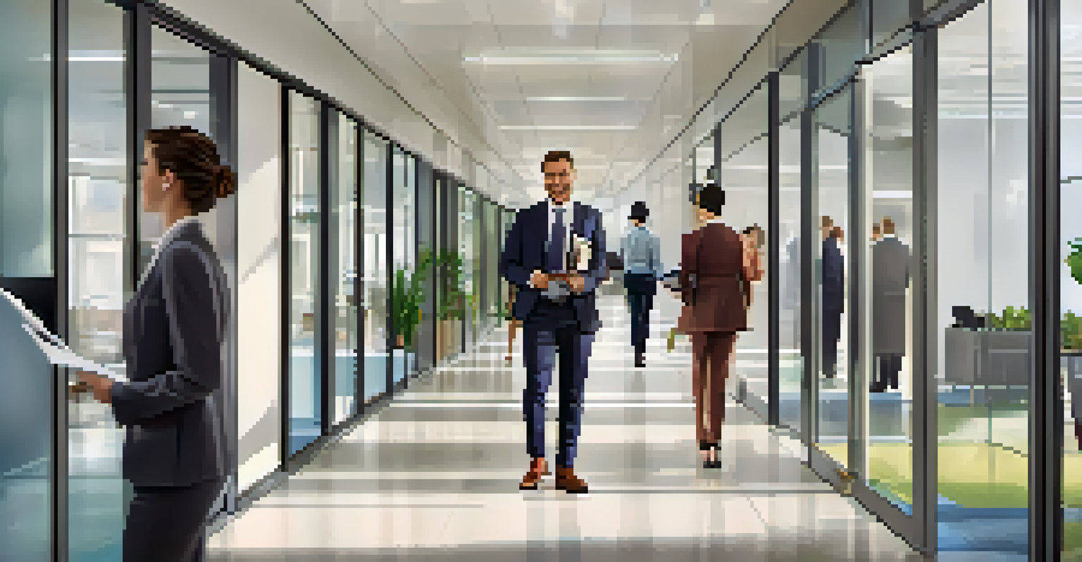 A confident individual in professional attire standing in an office corridor, smiling with colleagues in the background.