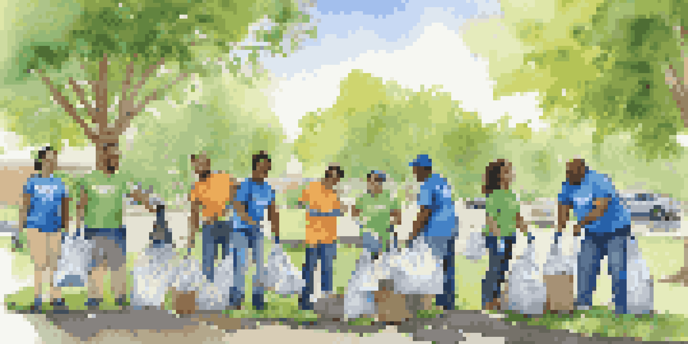 A group of diverse employees in matching t-shirts engaged in a community cleanup, showcasing teamwork in a park with trees and blue sky.