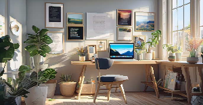 A well-organized desk with a vision board, laptop, and plants, illuminated by sunlight.