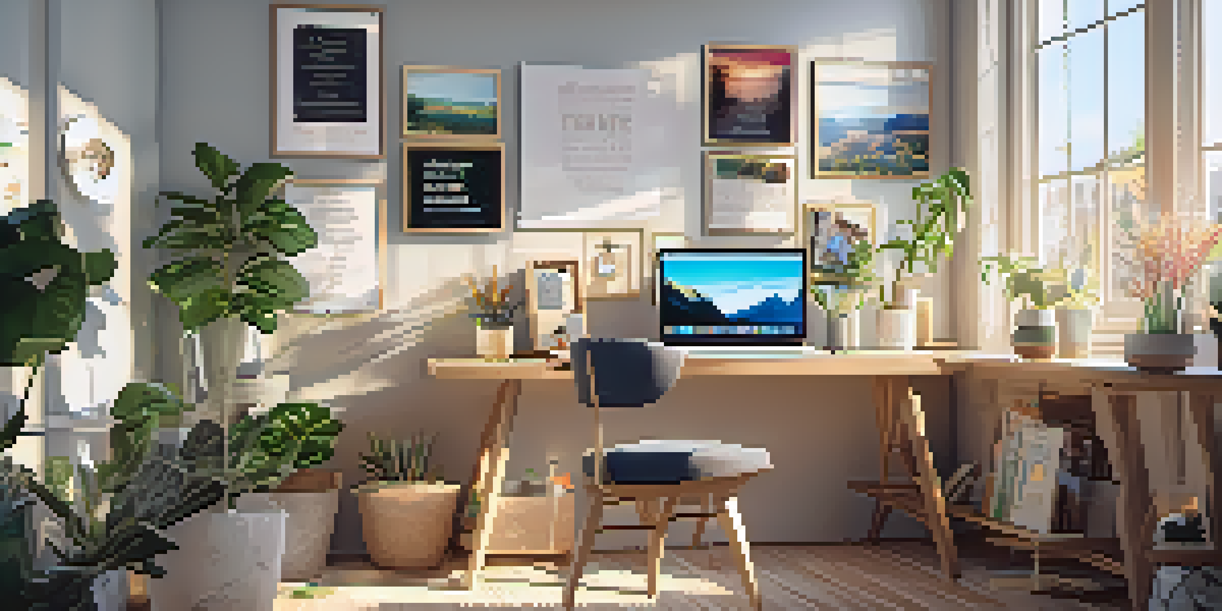A well-organized desk with a vision board, laptop, and plants, illuminated by sunlight.