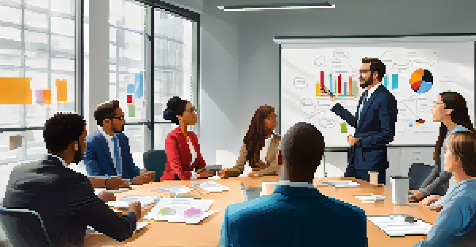 A group of diverse colleagues in a modern office meeting, with one person speaking and others listening attentively.
