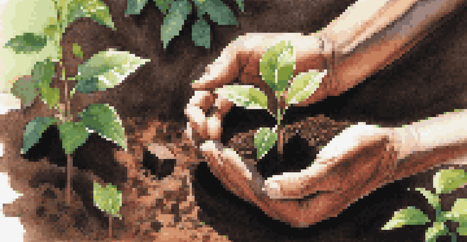 Close-up of hands planting a young sapling in soil, with sunlight filtering through leaves, symbolizing growth.