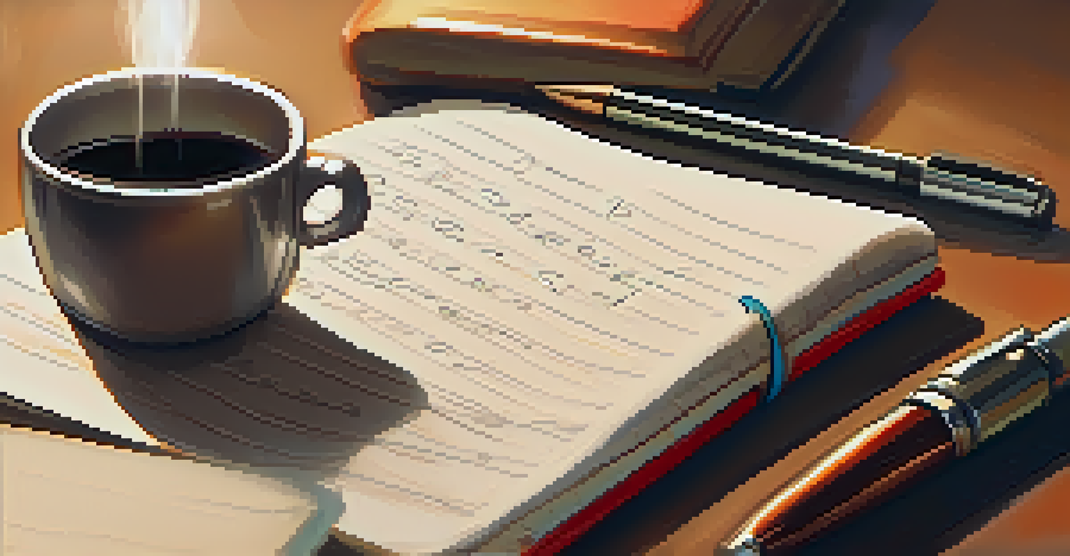 A hand writing notes in a notebook with a coffee cup nearby, set in a busy office environment.