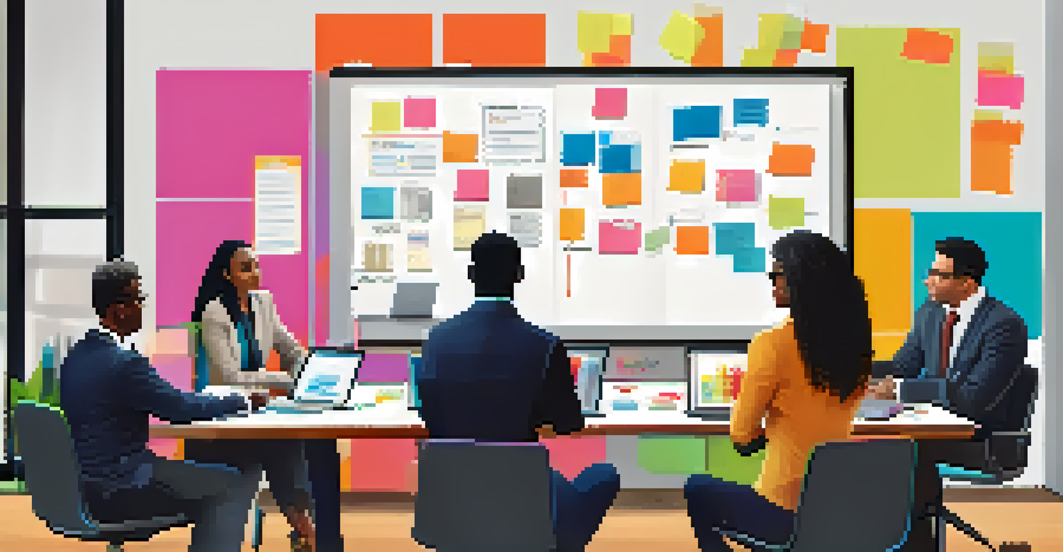 A diverse group of professionals collaborating at a conference table, with sticky notes and a whiteboard filled with diagrams in the background.
