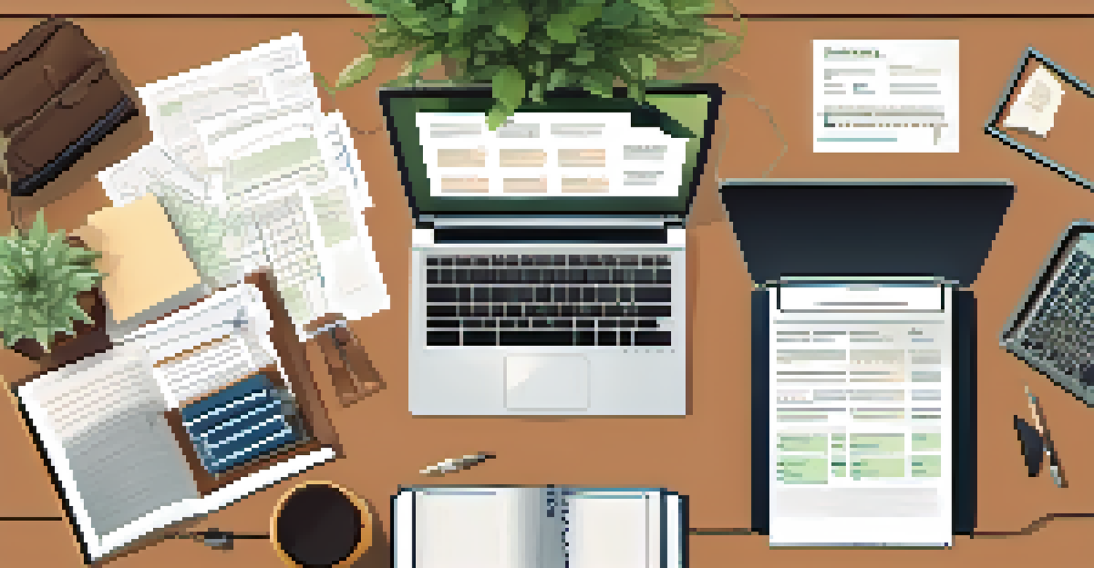 An overhead view of a negotiation workspace with documents, charts, and a laptop, all illuminated by soft lighting.