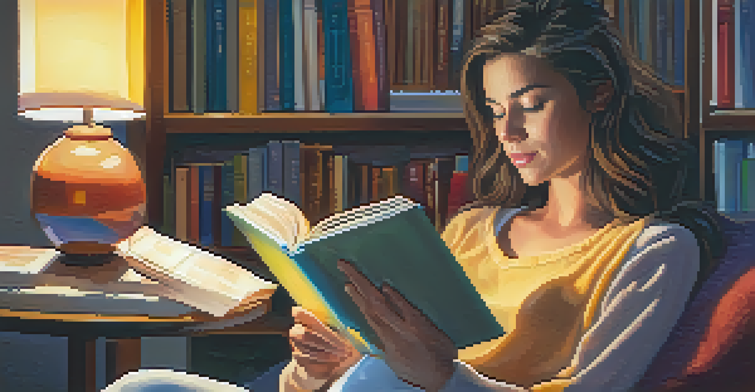 A person reading a self-help book while holding a coffee cup in a cozy armchair.