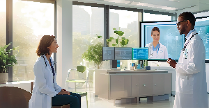 A doctor in a white coat discusses patient data with a patient in a bright clinic, showcasing AI diagnostic tools and abundant natural light.
