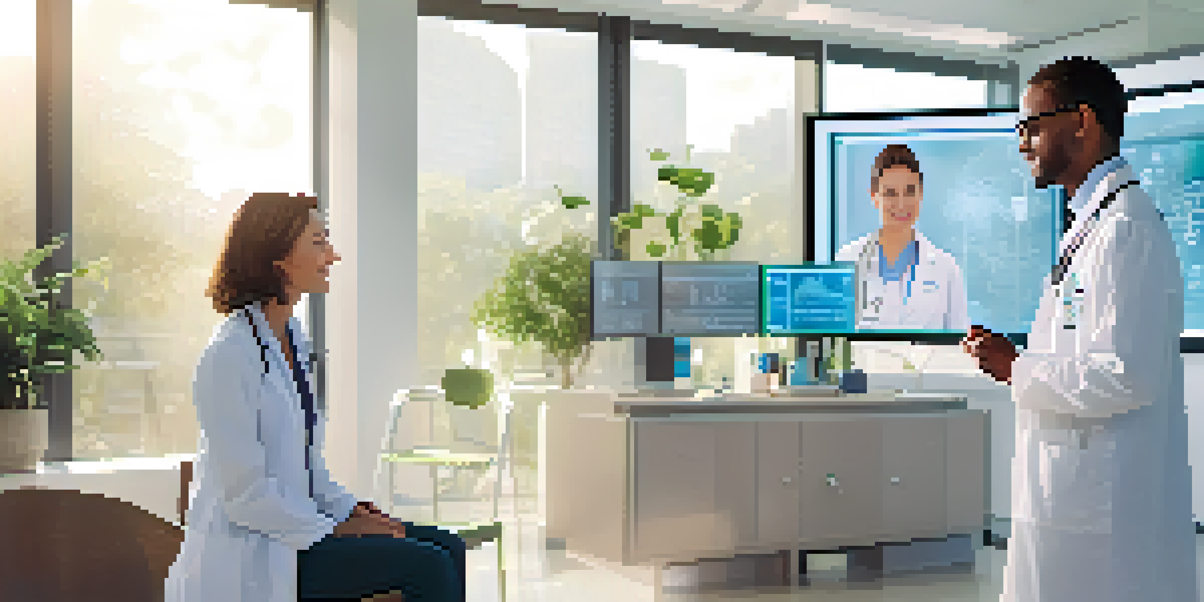 A doctor in a white coat discusses patient data with a patient in a bright clinic, showcasing AI diagnostic tools and abundant natural light.