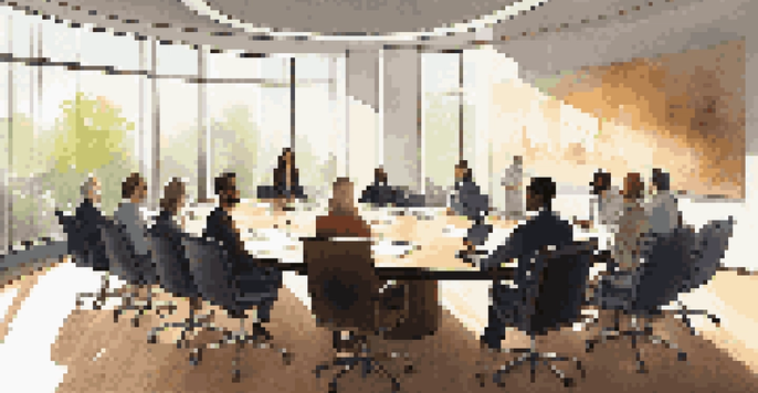 A diverse group of professionals in a modern conference room engaged in a meeting, with a digital agenda displayed on the wall and sunlight streaming through the windows.
