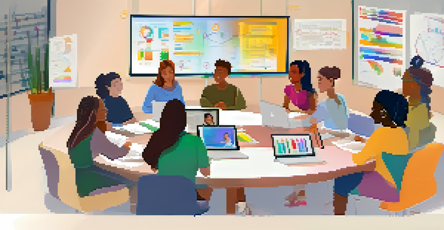 A diverse group of students in a virtual classroom, actively discussing ideas with laptops and a digital whiteboard in the background.